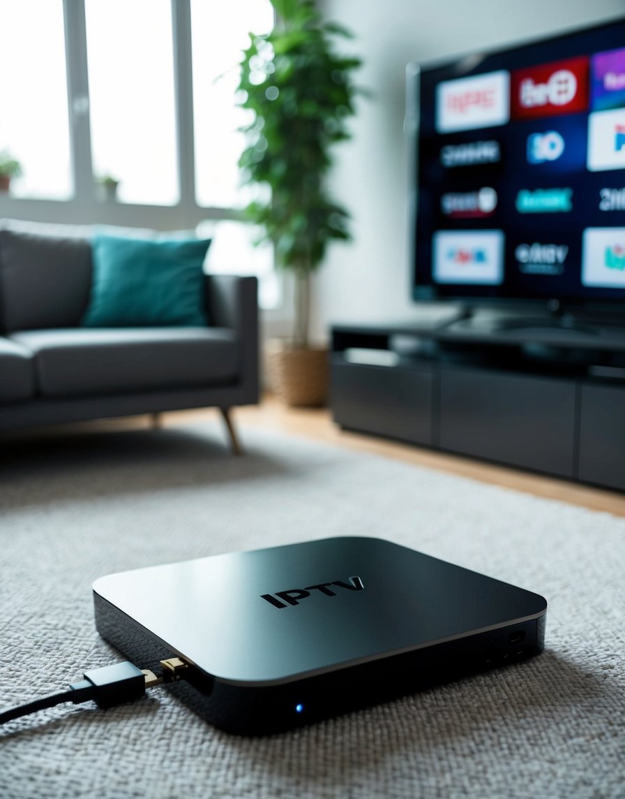 a black box on a carpet in front of a television